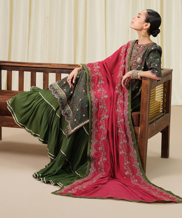 3 Piece - Embroidered Raw Silk Suit