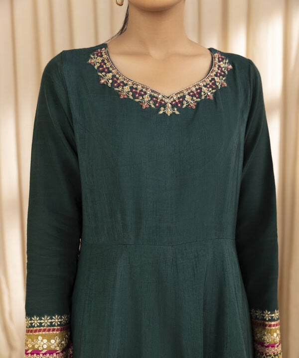 3 Piece - Embroidered Raw Silk Suit (Unstitched)