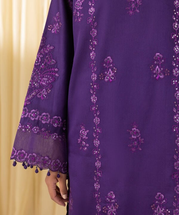 3 Piece - Embroidered Cotton Satin Suit (Unstitched)