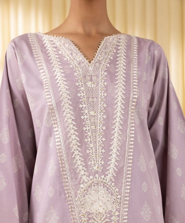 3 Piece - Embroidered Cotton Satin Suit (Unstitched)