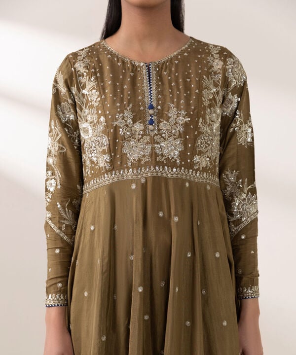 3 Piece - Embroidered Raw Silk Suit (Stitched)