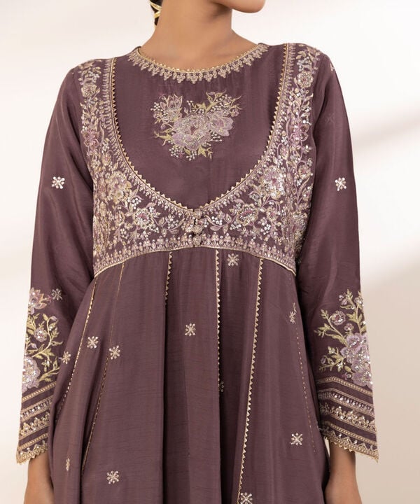 3 Piece - Embroidered Raw Silk Suit (Stitched)