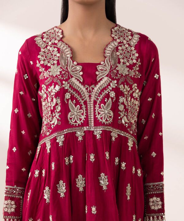 3 Piece - Embroidered Raw Silk Suit (Stitched)