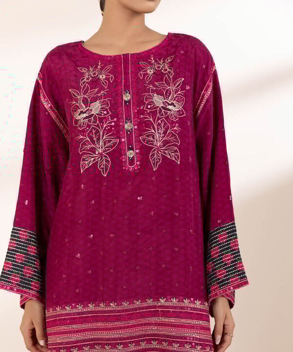 3 Piece - Embroidered Raw Silk Suit (Stitched)