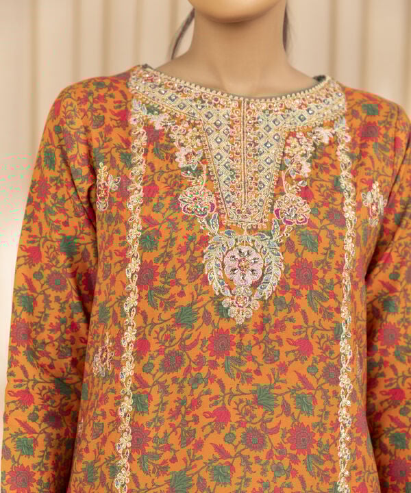 3 Piece - Embroidered Raw Silk Suit (Unstitched)