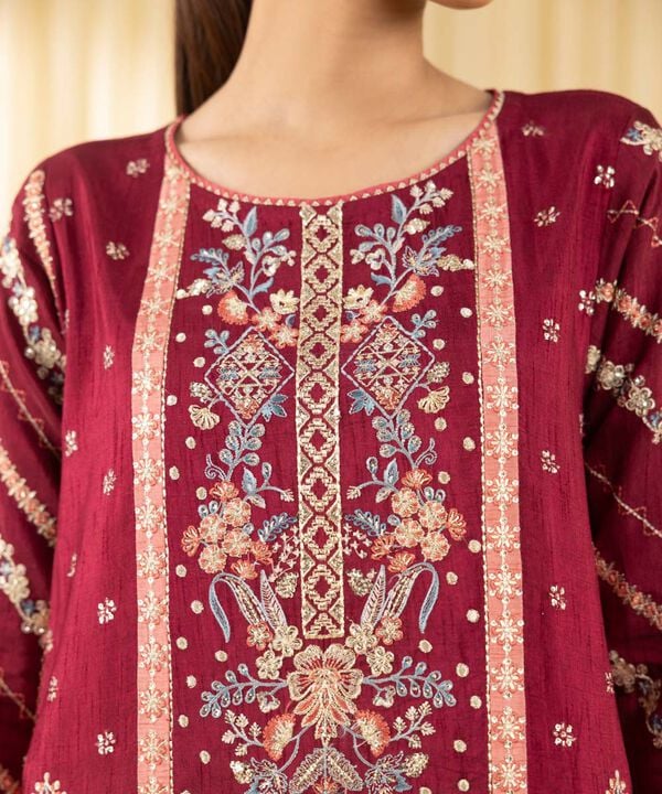 3 Piece - Embroidered Raw Silk Suit (Unstitched)
