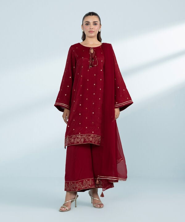 3 Piece - Embroidered Raw Silk Suit (Stitched)