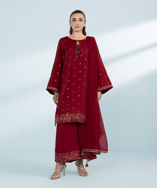 3 Piece - Embroidered Raw Silk Suit (Stitched)