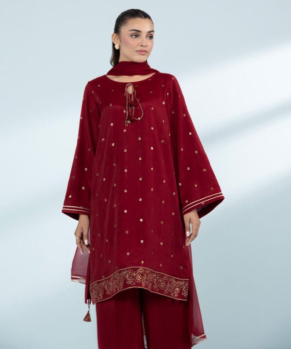 3 Piece - Embroidered Raw Silk Suit (Stitched)