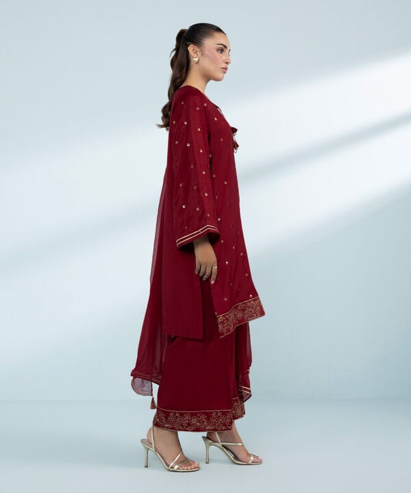 3 Piece - Embroidered Raw Silk Suit (Stitched)