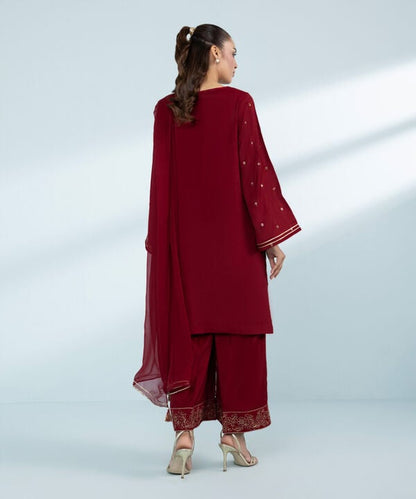 3 Piece - Embroidered Raw Silk Suit (Stitched)