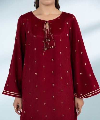 3 Piece - Embroidered Raw Silk Suit (Stitched)