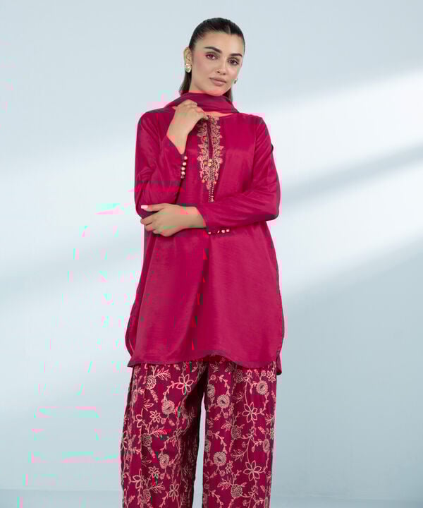 3 Piece - Embroidered Raw Silk Suit (Stitched)