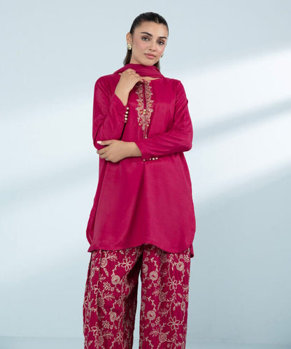 3 Piece - Embroidered Raw Silk Suit (Stitched)