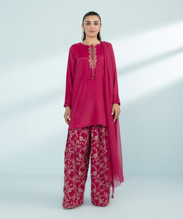 3 Piece - Embroidered Raw Silk Suit (Stitched)