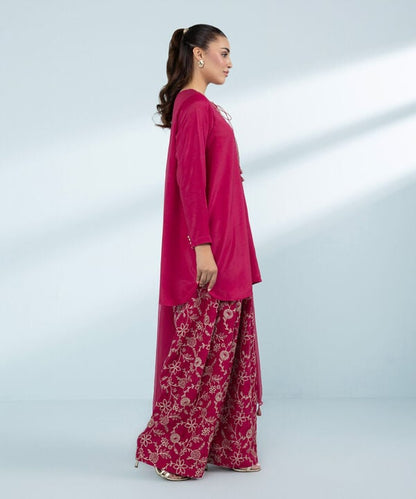 3 Piece - Embroidered Raw Silk Suit (Stitched)