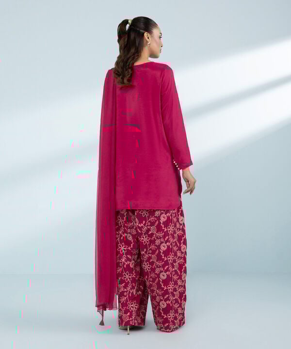 3 Piece - Embroidered Raw Silk Suit (Stitched)