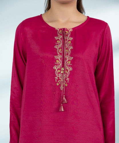 3 Piece - Embroidered Raw Silk Suit (Stitched)