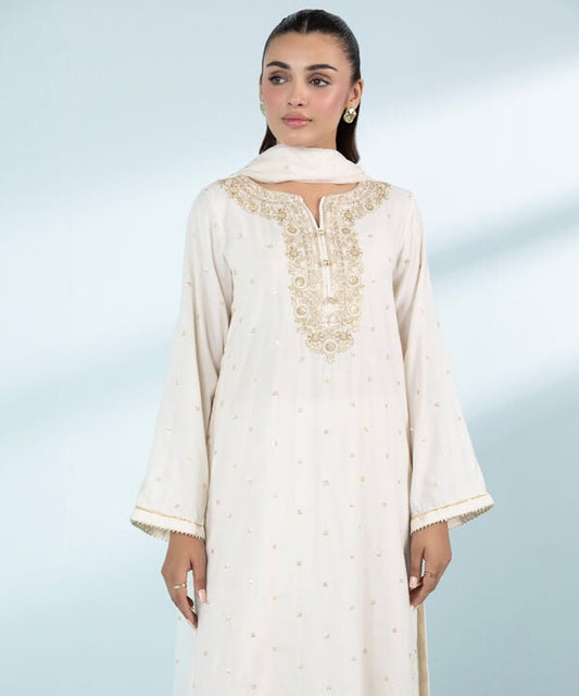 3 Piece - Embroidered Raw Silk Suit (Stitched)