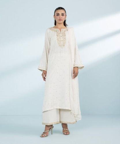 3 Piece - Embroidered Raw Silk Suit (Stitched)