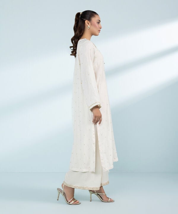 3 Piece - Embroidered Raw Silk Suit (Stitched)