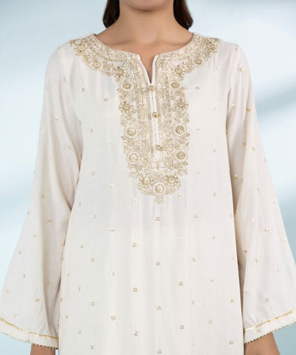 3 Piece - Embroidered Raw Silk Suit (Stitched)