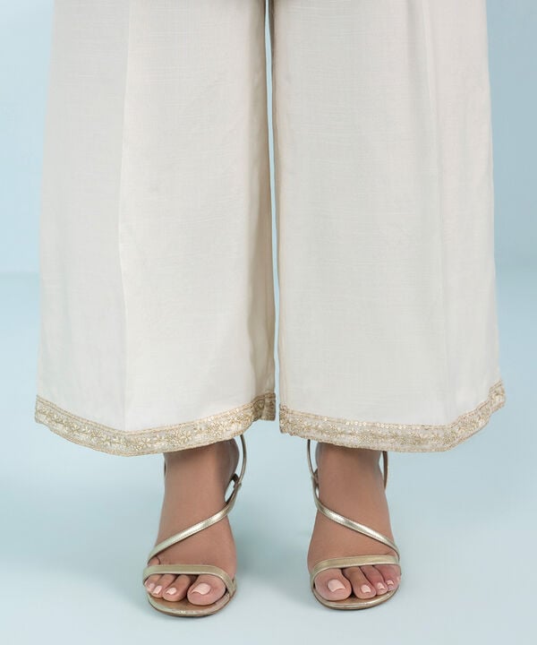 3 Piece - Embroidered Raw Silk Suit (Stitched)