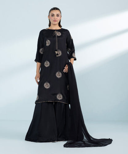 3 Piece - Embroidered Raw Silk Suit (Stitched)