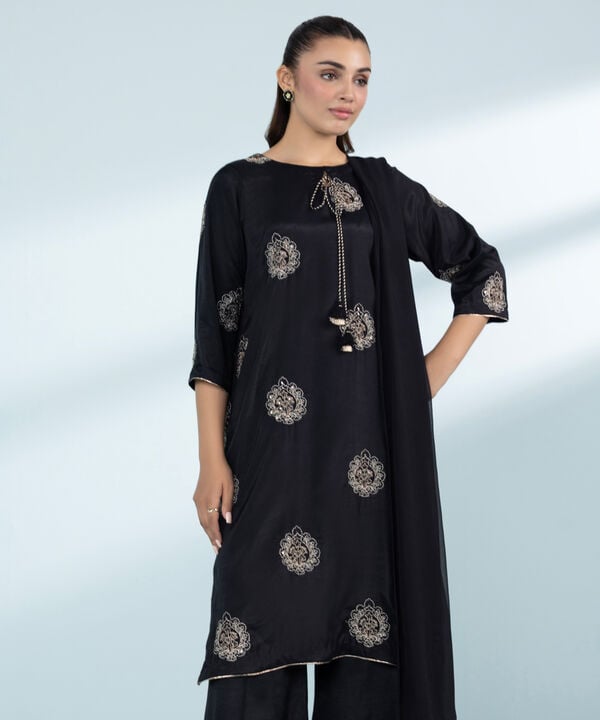 3 Piece - Embroidered Raw Silk Suit (Stitched)