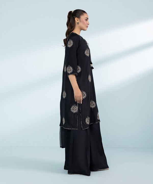 3 Piece - Embroidered Raw Silk Suit (Stitched)