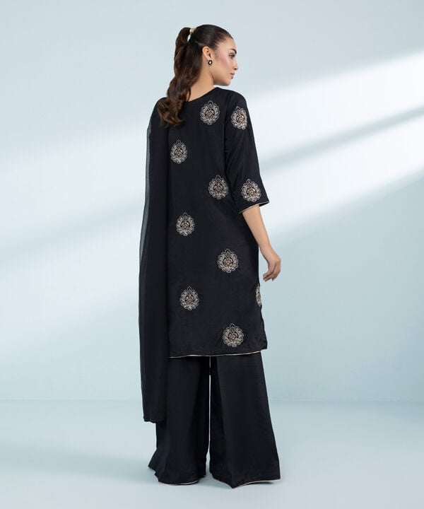 3 Piece - Embroidered Raw Silk Suit (Stitched)