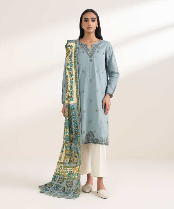 2 Piece - Embroidered Cotton Suit