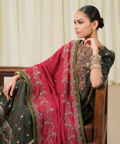 3 Piece - Embroidered Raw Silk Suit