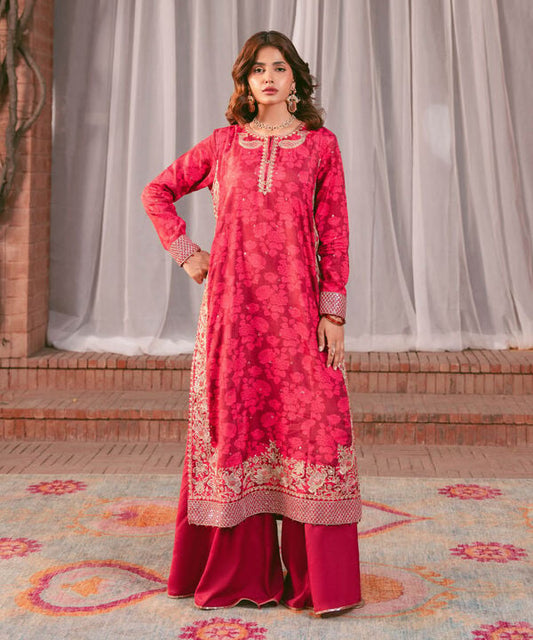 2 Piece - Embroidered Raw Silk Suit (Stitched)