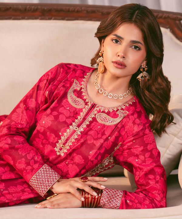 2 Piece - Embroidered Raw Silk Suit (Stitched)