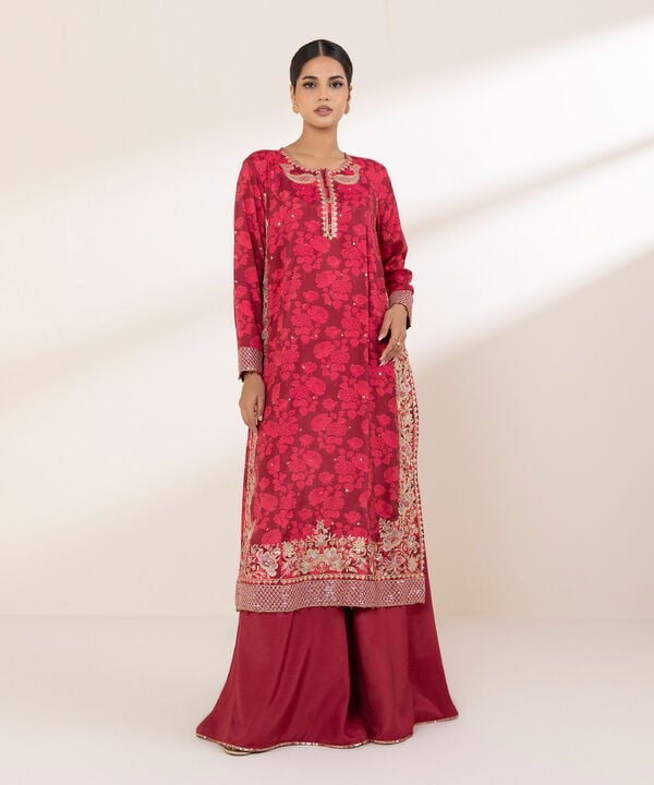 2 Piece - Embroidered Raw Silk Suit (Stitched)