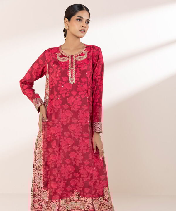 2 Piece - Embroidered Raw Silk Suit (Stitched)