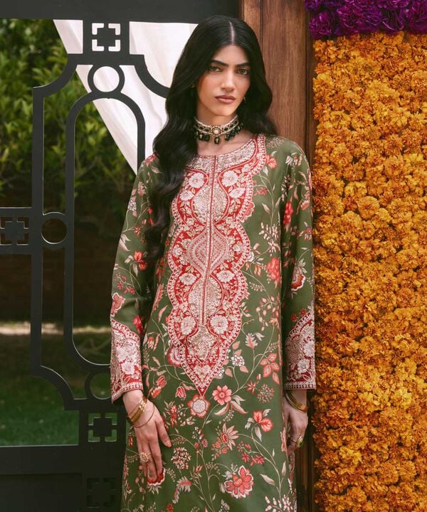 2 Piece - Embroidered Raw Silk Suit (Stitched)