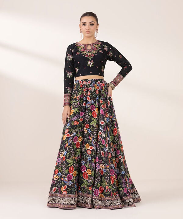 Embroidered Raw Silk Lehenga Set (Stitched)