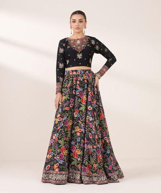 Embroidered Raw Silk Lehenga Set (Stitched)