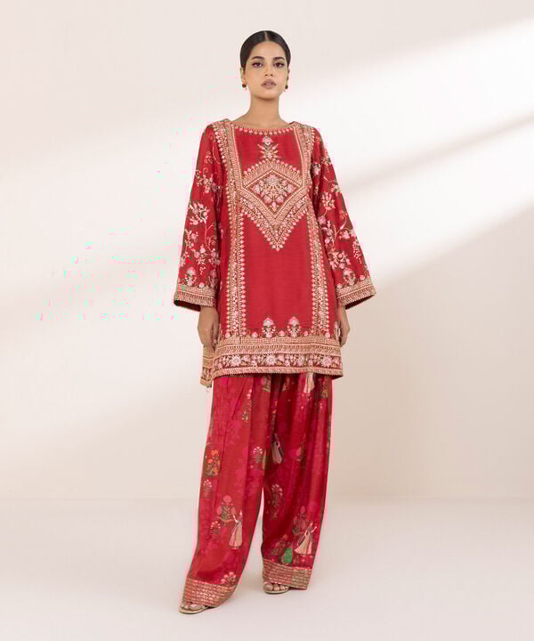 2 Piece - Embroidered Raw Silk Suit (Stitched)
