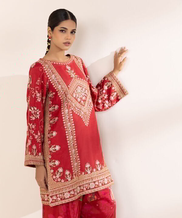2 Piece - Embroidered Raw Silk Suit (Stitched)