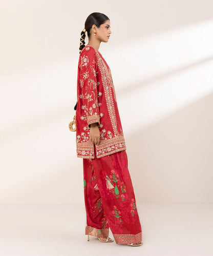 2 Piece - Embroidered Raw Silk Suit (Stitched)