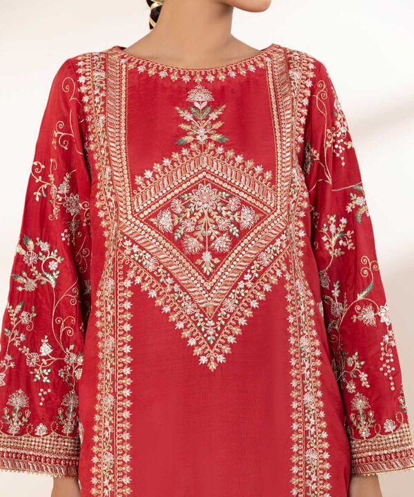 2 Piece - Embroidered Raw Silk Suit (Stitched)