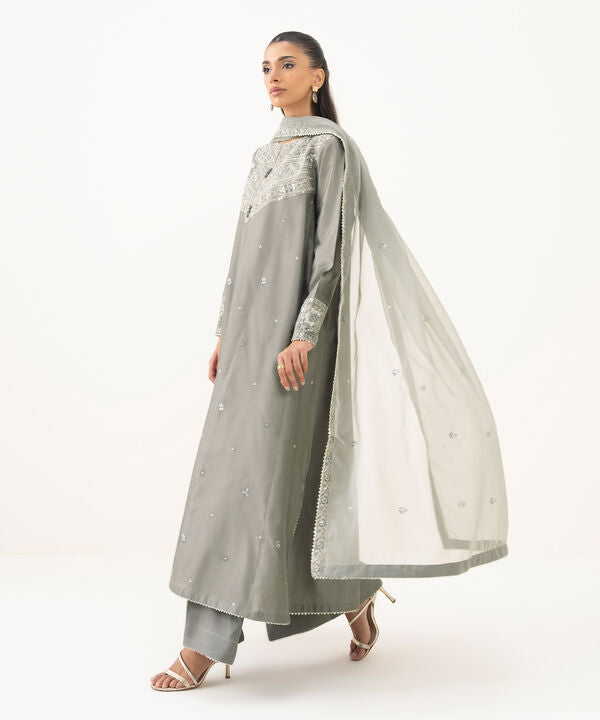 3 Piece - Embroidered Cotton Net Suit