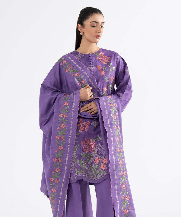 3 Piece - Embroidered Cotton Jacquard Suit