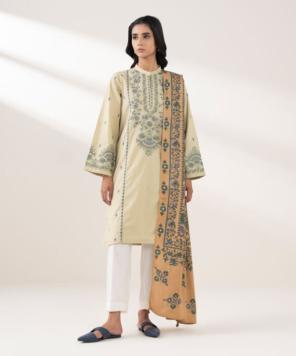 2 Piece - Embroidered Cotton Suit