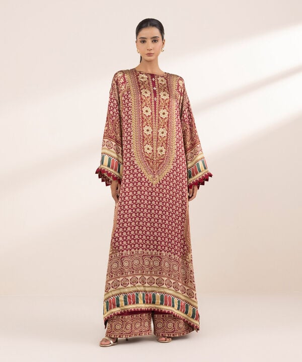 2 Piece - Embellished Silk Suit (Stitched)