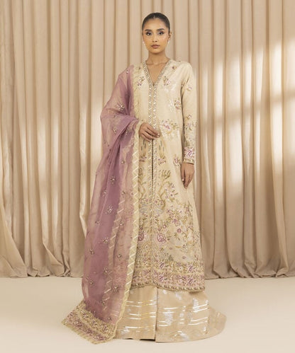 3 Piece - Embroidered Raw Silk Suit (Unstitched)