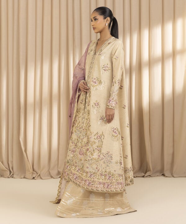 3 Piece - Embroidered Raw Silk Suit (Unstitched)